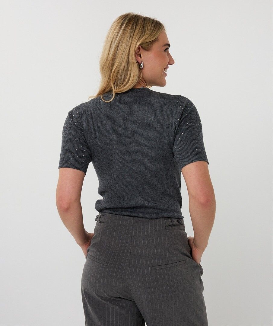 Ribbed Short Sleeve Top with Studs - Dark Grey Melange