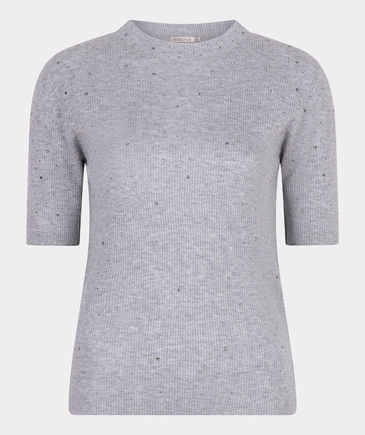 Ribbed Short Sleeve Top with Studs - Light Grey Melange