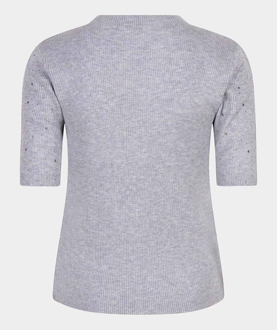 Ribbed Short Sleeve Top with Studs - Light Grey Melange