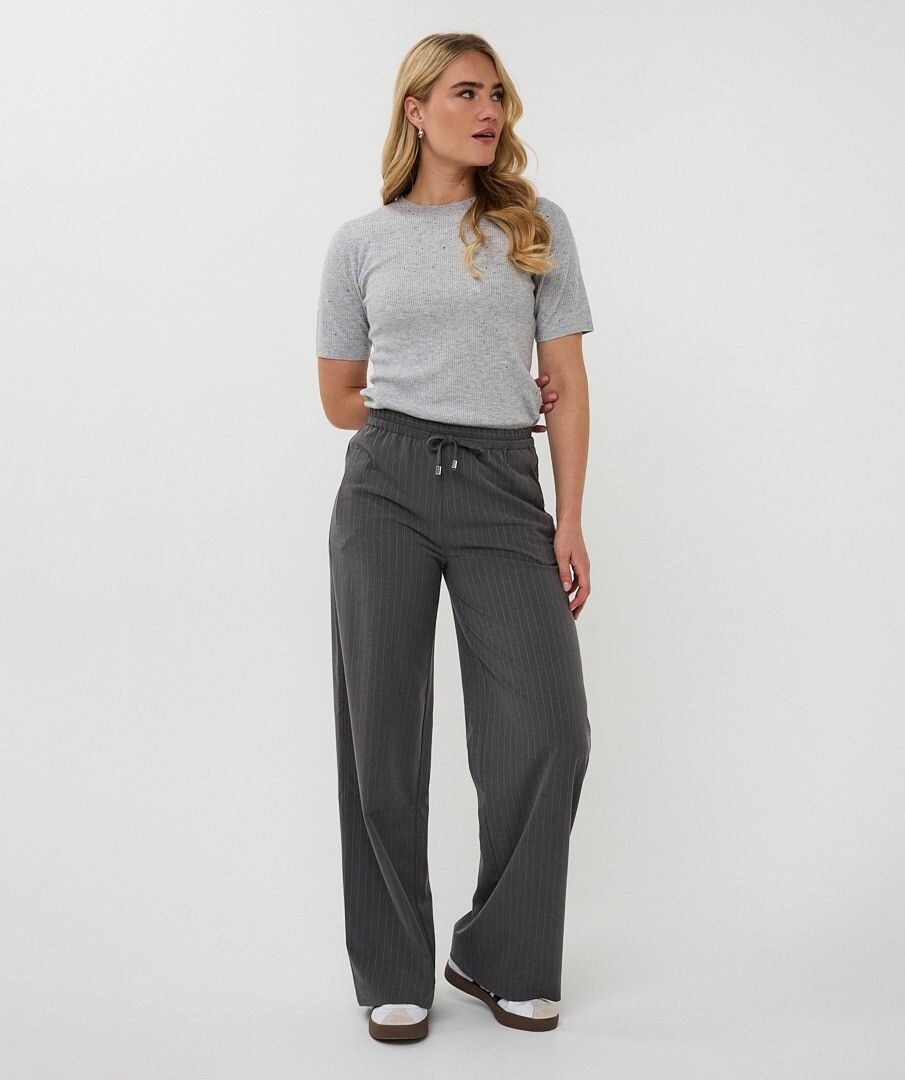 Ribbed Short Sleeve Top with Studs - Light Grey Melange