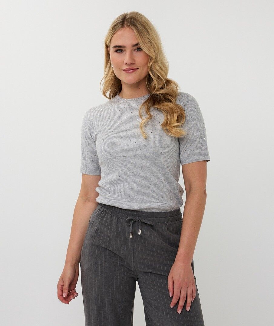 Ribbed Short Sleeve Top with Studs - Light Grey Melange