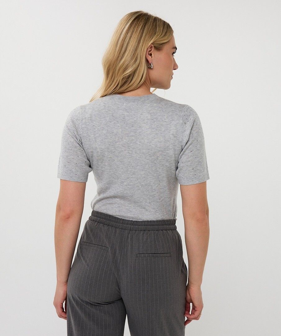 Ribbed Short Sleeve Top with Studs - Light Grey Melange