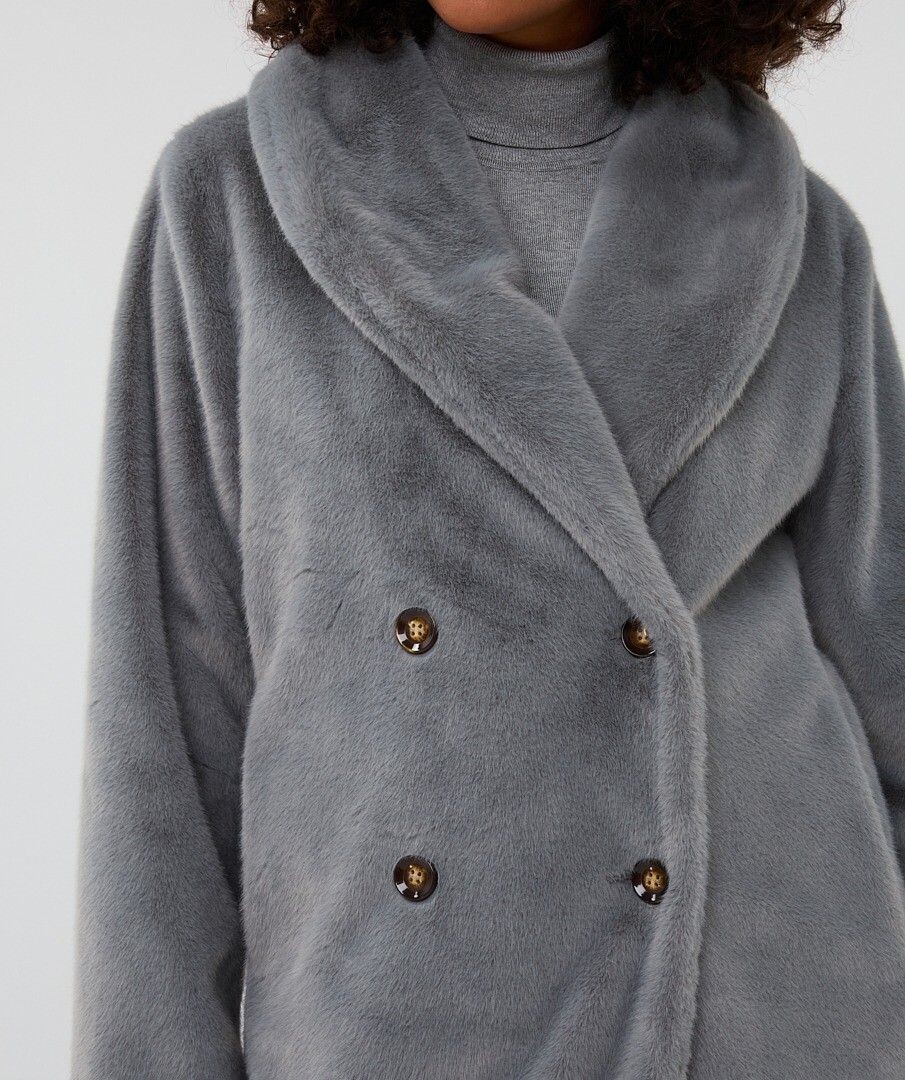 Coat Shawl Collar Fake Fur - Grey