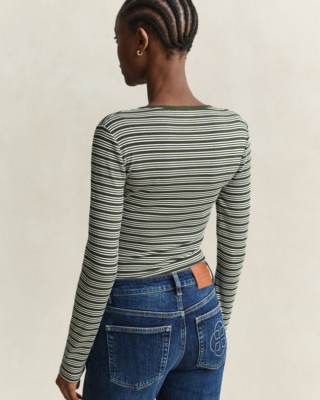 Ribbed Long Sleeve Henley Top - Mossy Green