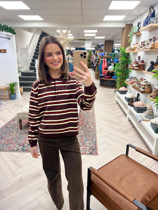 Niamh Knit Rugby Polo - Light Maroon Stripe