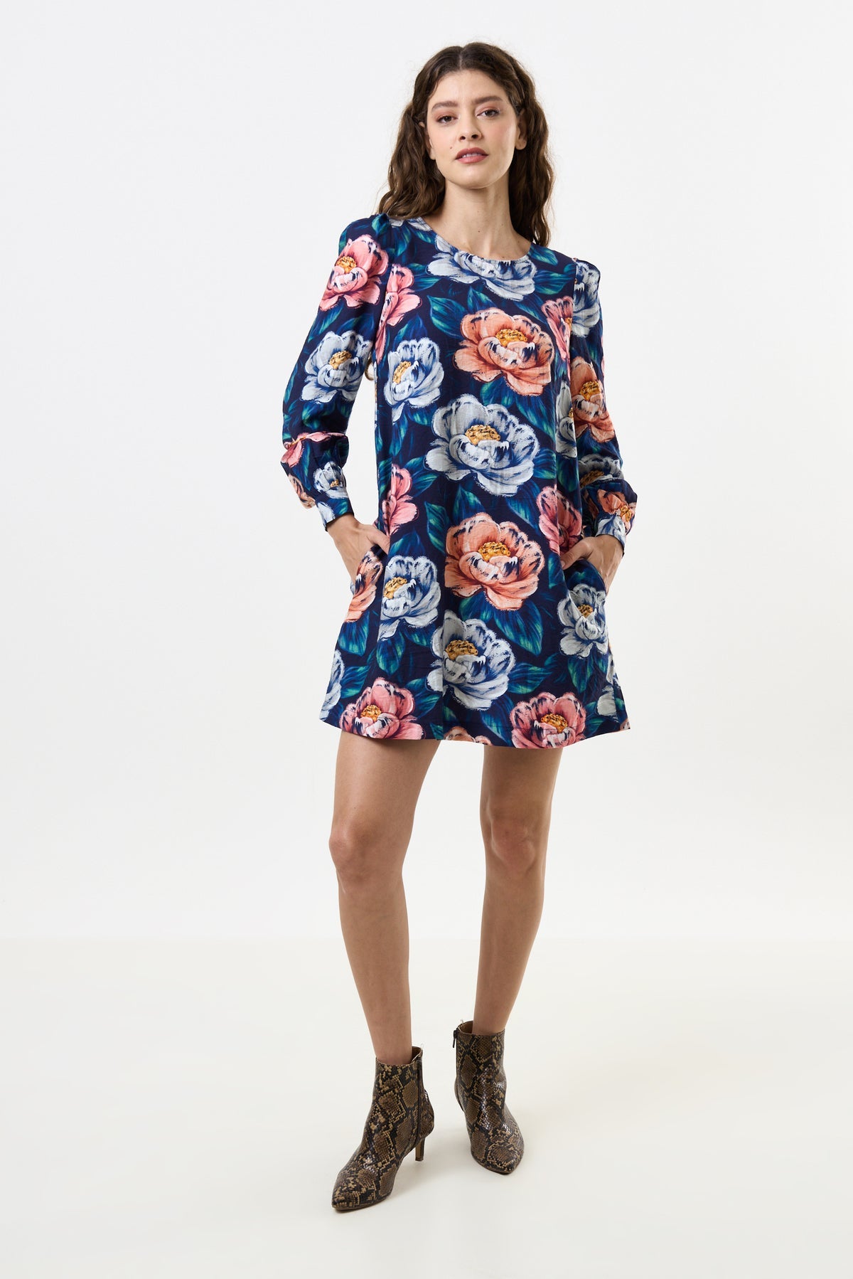 Didee Peonies Long Sleeve A-line Mini Dress - Navy