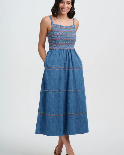Murren Shirred Midi Dress - Washed Blue Denim