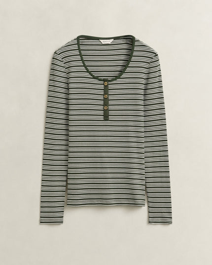 Ribbed Long Sleeve Henley Top - Mossy Green