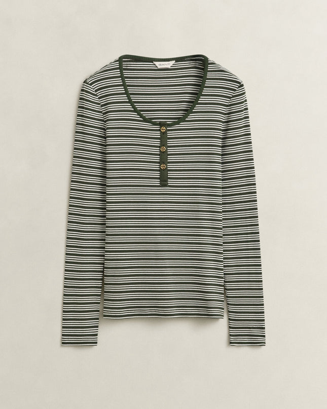 Ribbed Long Sleeve Henley Top - Mossy Green