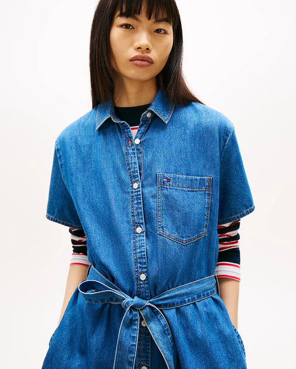 Chambray Belted Mini Shirt Dress