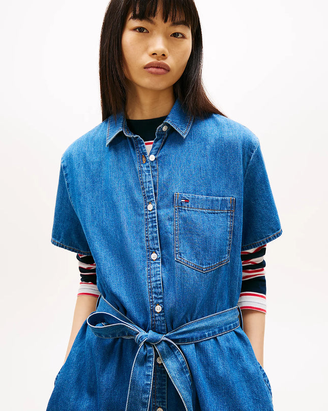 Chambray Belted Mini Shirt Dress