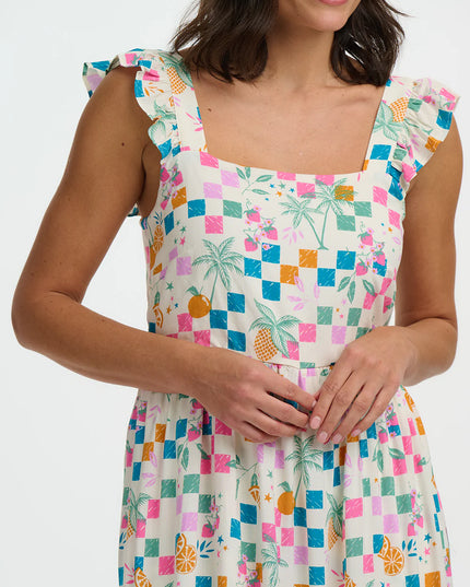 Estelle Shirred Sundress - Off White, Fruit Checkerboard