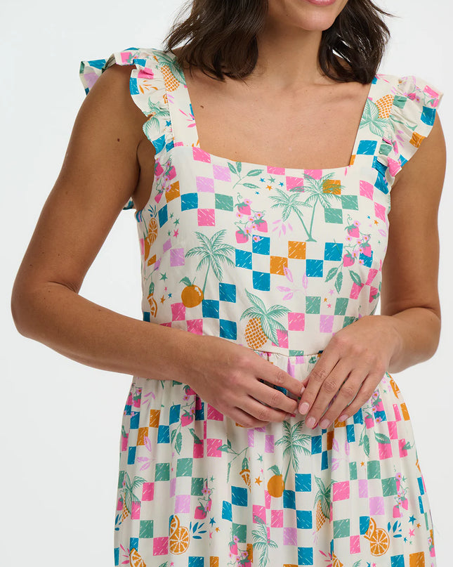 Estelle Shirred Sundress - Off White, Fruit Checkerboard
