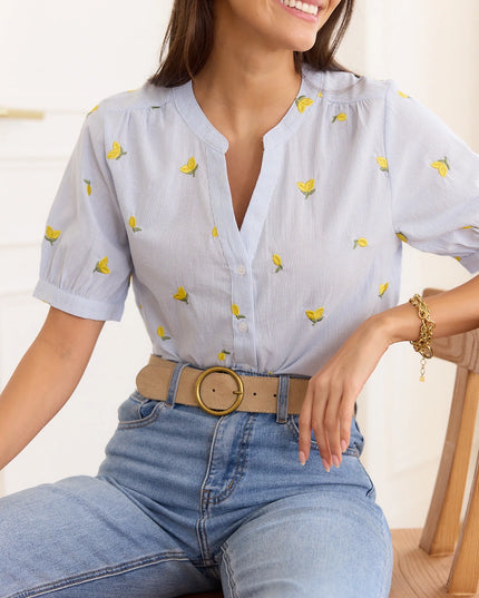Dina Lemon Embroidered Short Sleeve Blouse - Blue