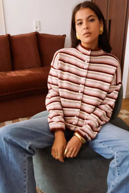 Anna Retro Stripe High Neck Cardigan - Burgundy