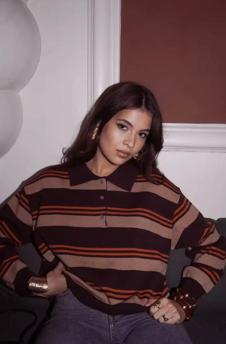 Niamh Knit Rugby Polo - Camel Stripe