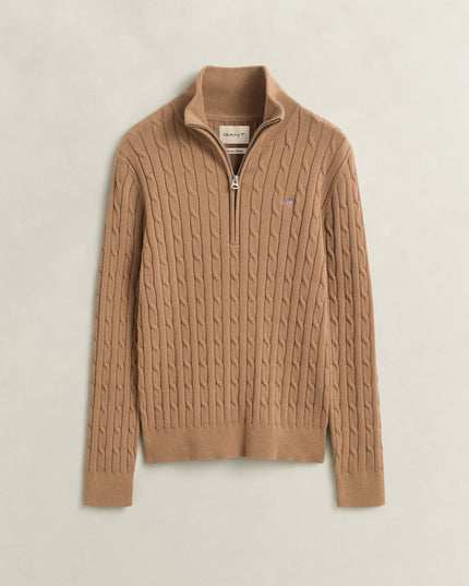 Stretch Cotton Cable Knit Half Zip Sweater - Warm Khaki