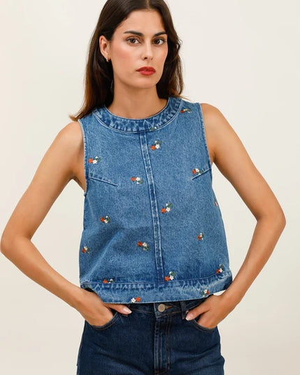 Isla Embroidered Denim Tank Top