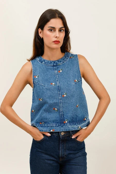 Isla Embroidered Denim Tank Top