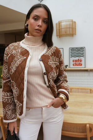 Elsie Embroidered Quilted Jacket - Camel