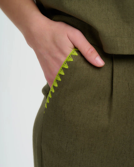 Lois Wide Leg Trousers - Olive, Decorative Stitch