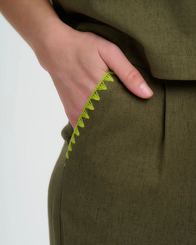 Lois Wide Leg Trousers - Olive, Decorative Stitch