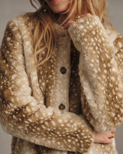 Bambi Fawn Print Fur Jacket - Beige