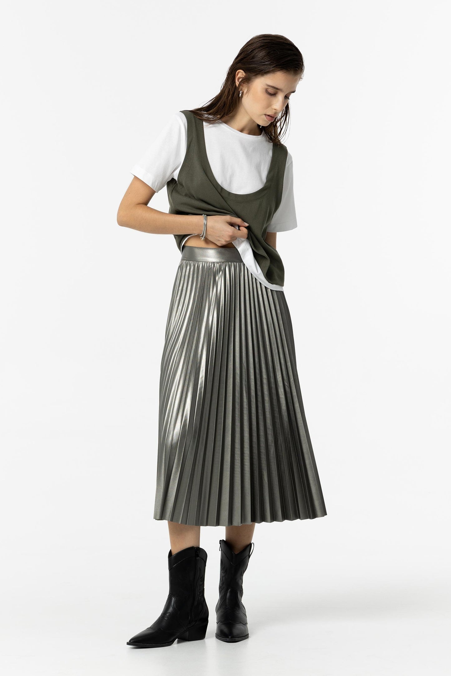 Tiffosi Metallic Pleated Midi Skirt