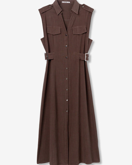 'Favo' Linen Blend Dress - Chocolate Brown