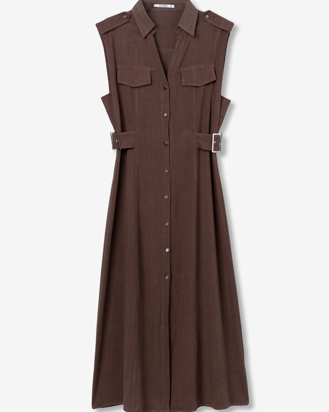 'Favo' Linen Blend Dress - Chocolate Brown