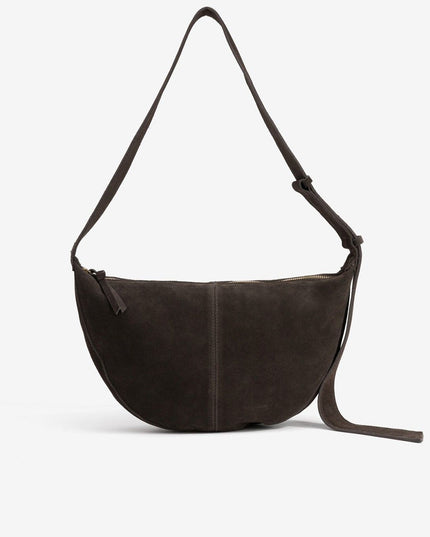 'Antonia' Half Moon Suede Handbag - Chocolate Brown