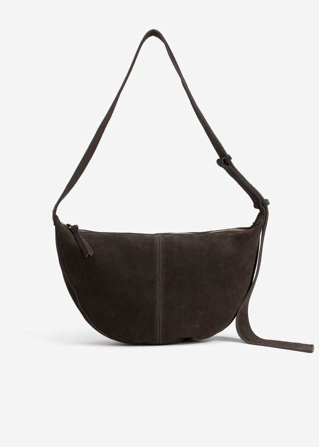 'Antonia' Half Moon Suede Handbag - Chocolate Brown
