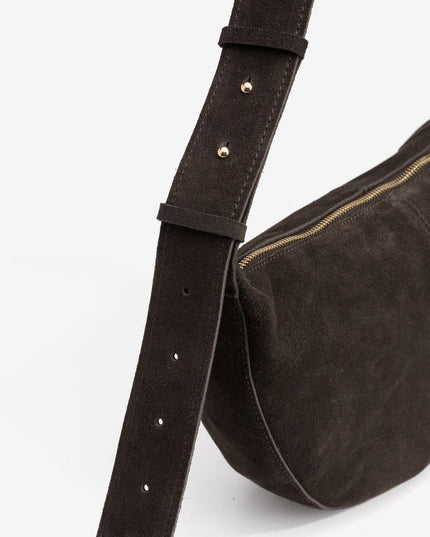 'Antonia' Half Moon Suede Handbag - Chocolate Brown