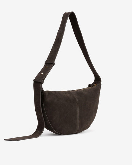 'Antonia' Half Moon Suede Handbag - Chocolate Brown