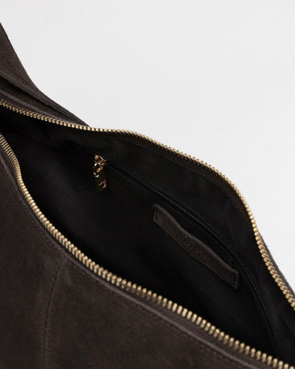 'Antonia' Half Moon Suede Handbag - Chocolate Brown