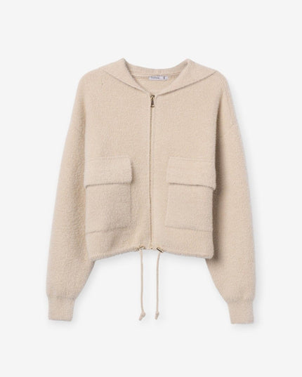 'Joan' Zip Up Fluffy Sweater - Birch