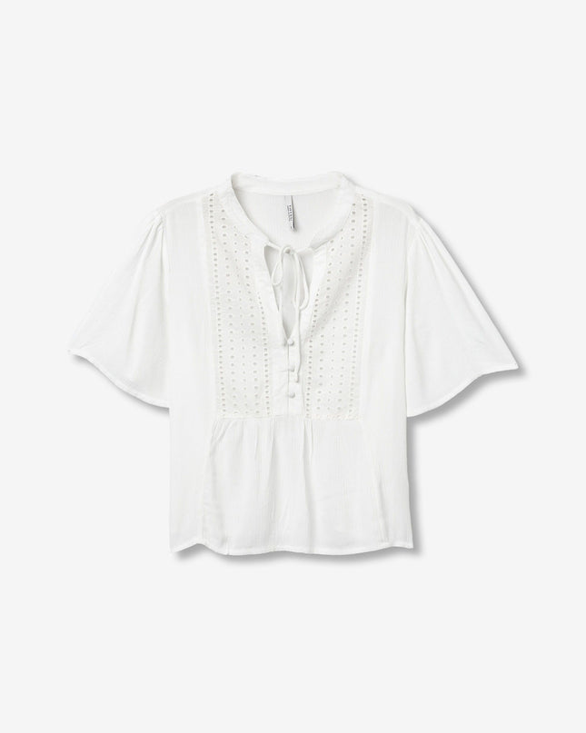'Siria' Broderie Tie Blouse - Star White