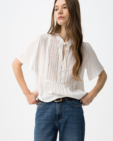 'Siria' Broderie Tie Blouse - Star White