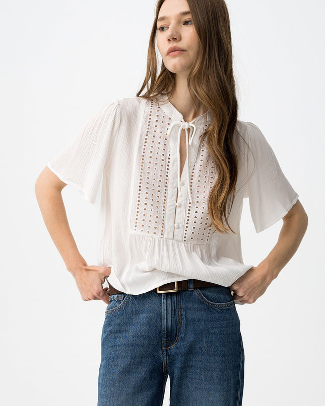 'Siria' Broderie Tie Blouse - Star White