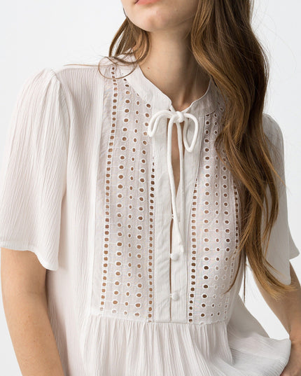 'Siria' Broderie Tie Blouse - Star White