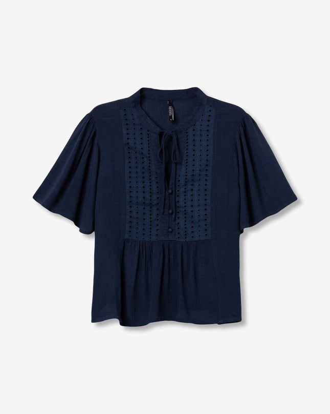 'Siria' Broderie Tie Blouse - Lyons Blue