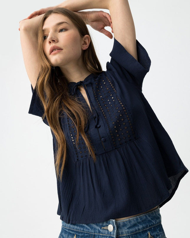 'Siria' Broderie Tie Blouse - Lyons Blue