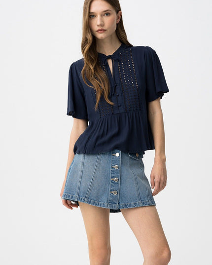 'Siria' Broderie Tie Blouse - Lyons Blue