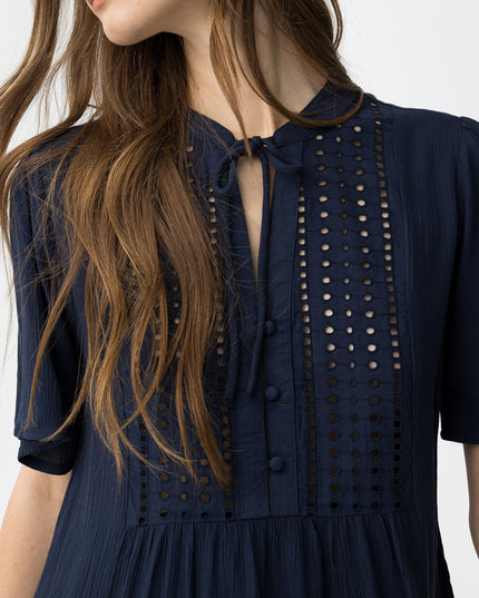 'Siria' Broderie Tie Blouse - Lyons Blue