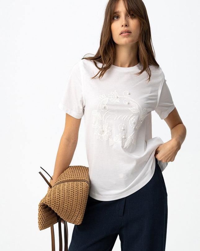 'Angel' Pearl Detail T-Shirt - Star White