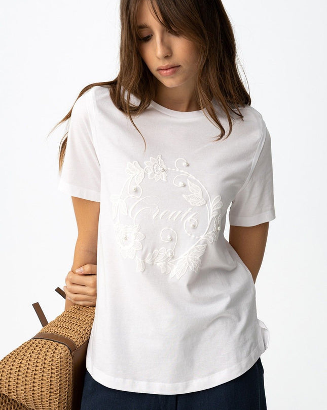 'Angel' Pearl Detail T-Shirt - Star White