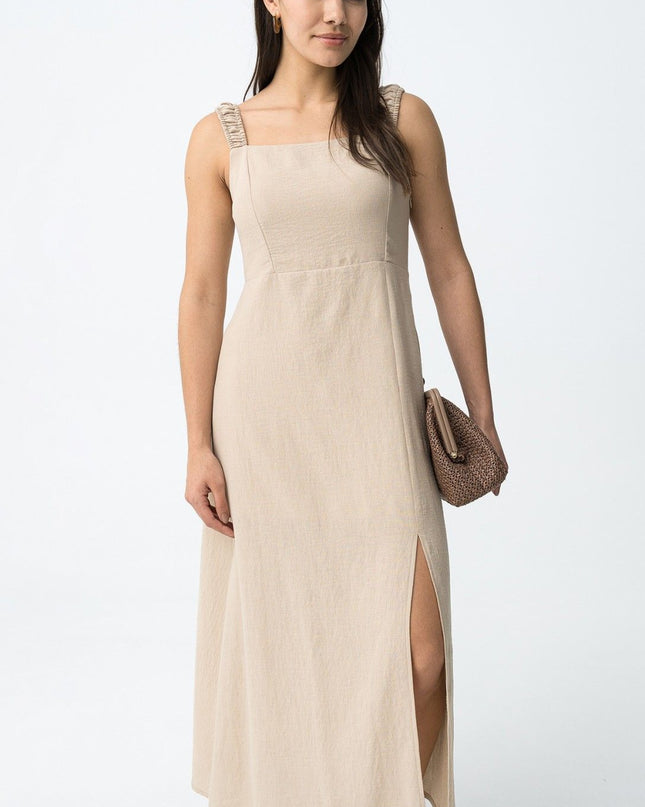 ‘Olinda’ Square Neck Linen Look Dress - Beige