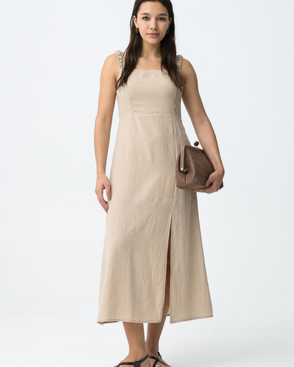 ‘Olinda’ Square Neck Linen Look Dress - Beige