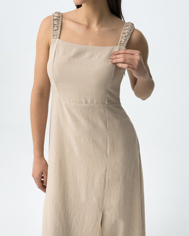 ‘Olinda’ Square Neck Linen Look Dress - Beige