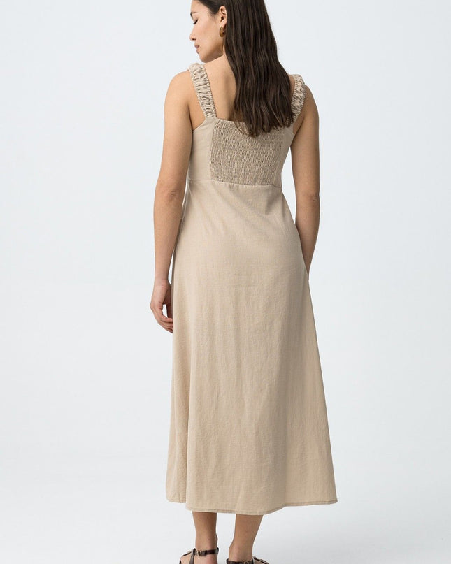 ‘Olinda’ Square Neck Linen Look Dress - Beige